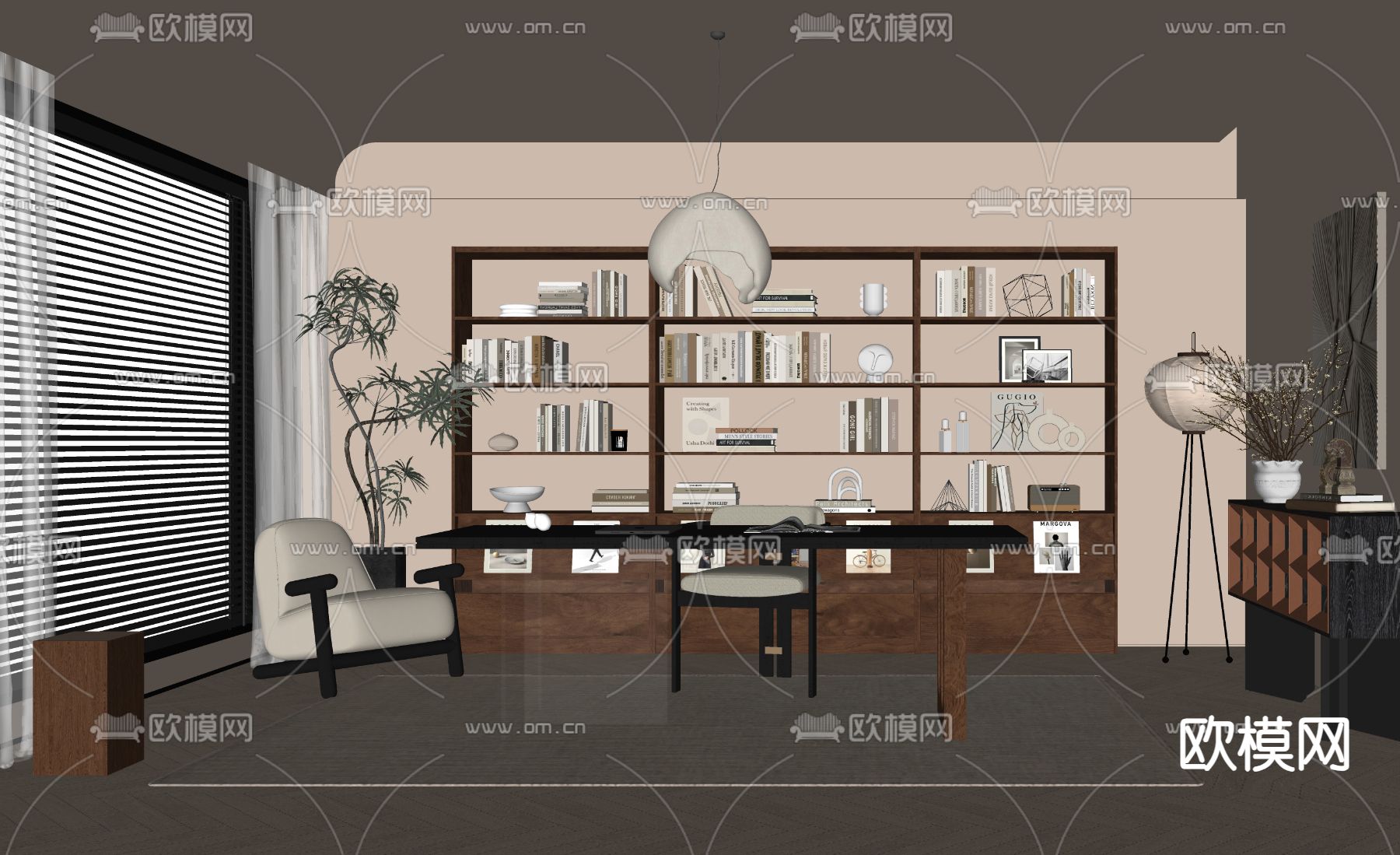 中古风书房su模型下载（渲染图1）