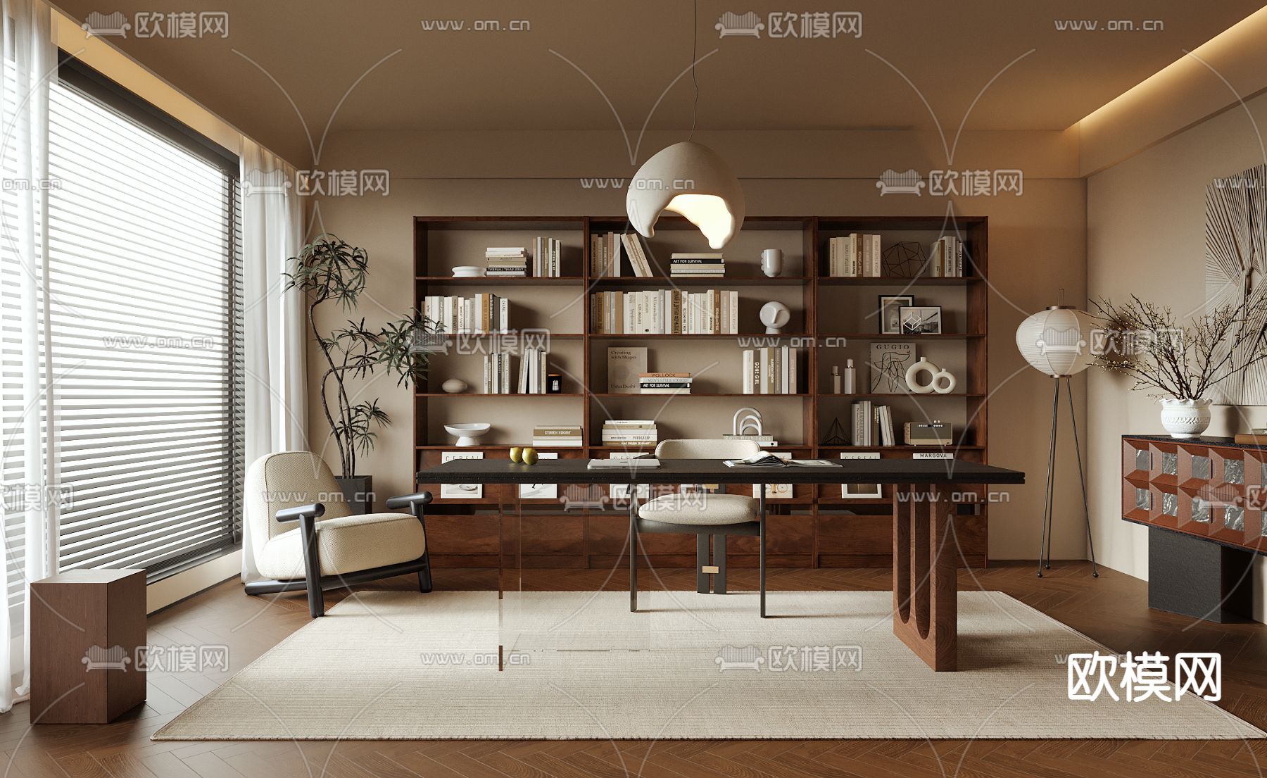 中古风书房su模型下载（渲染图2）