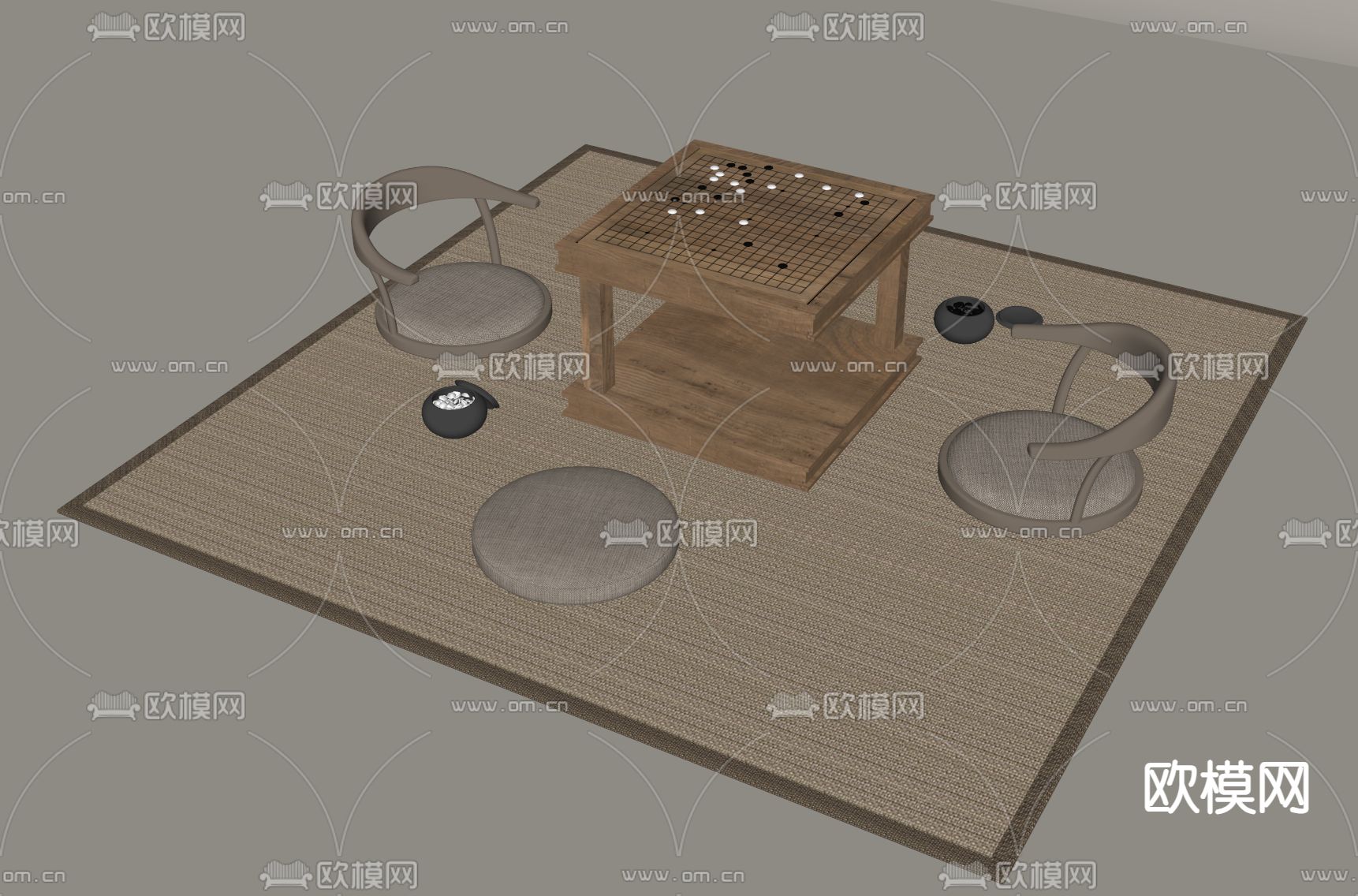 新中式围棋桌椅su模型下载（渲染图1）
