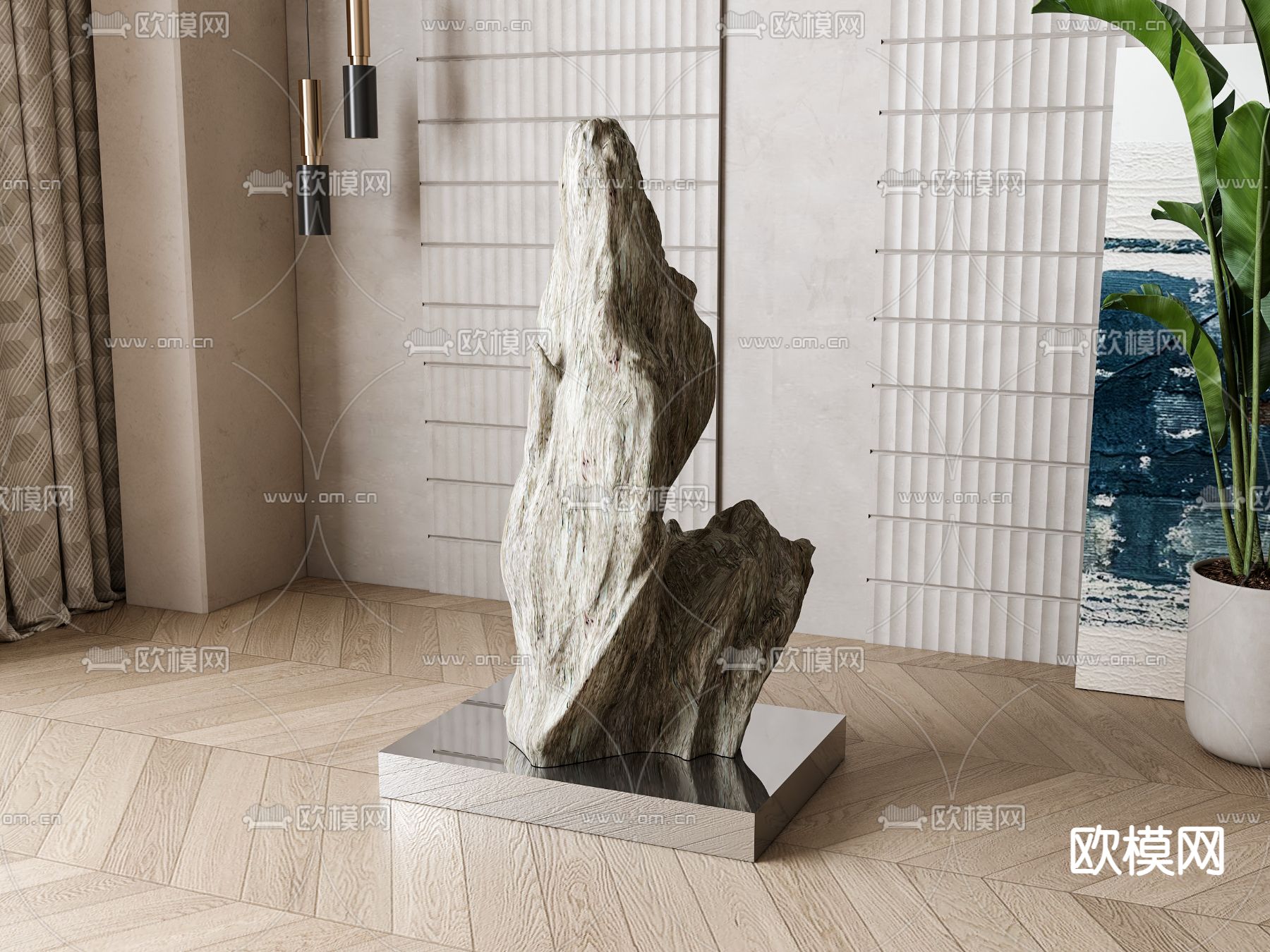 侘寂风石头 雕塑摆件su模型下载（渲染图2）