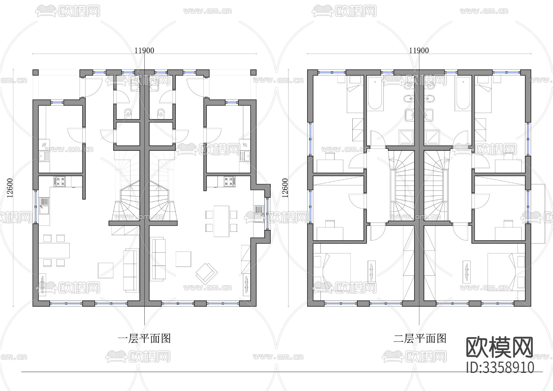 300m²两层半独立式洋房cad平面图下载