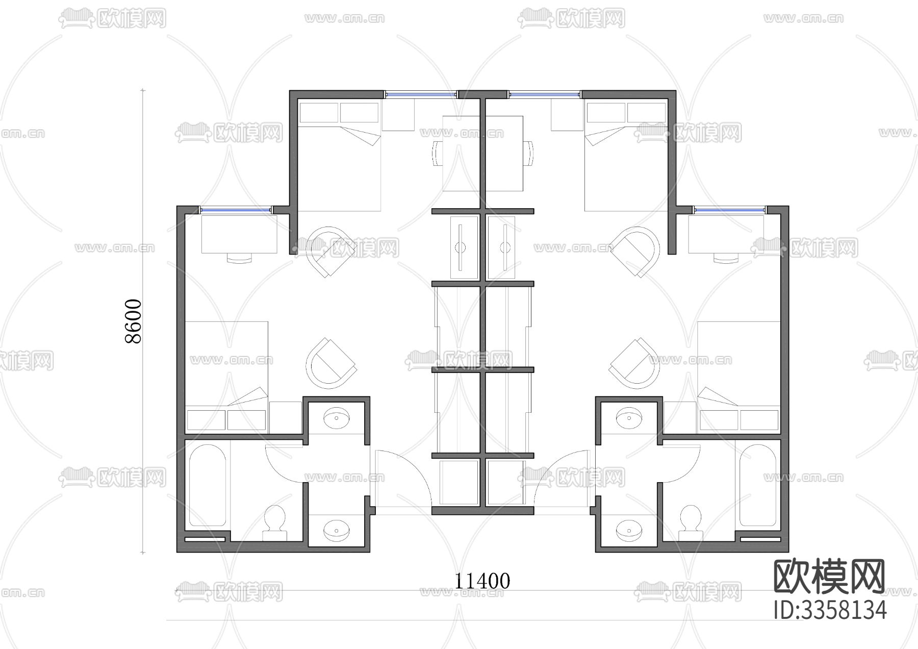 91m²双户单层公寓住宅cad平面图下载