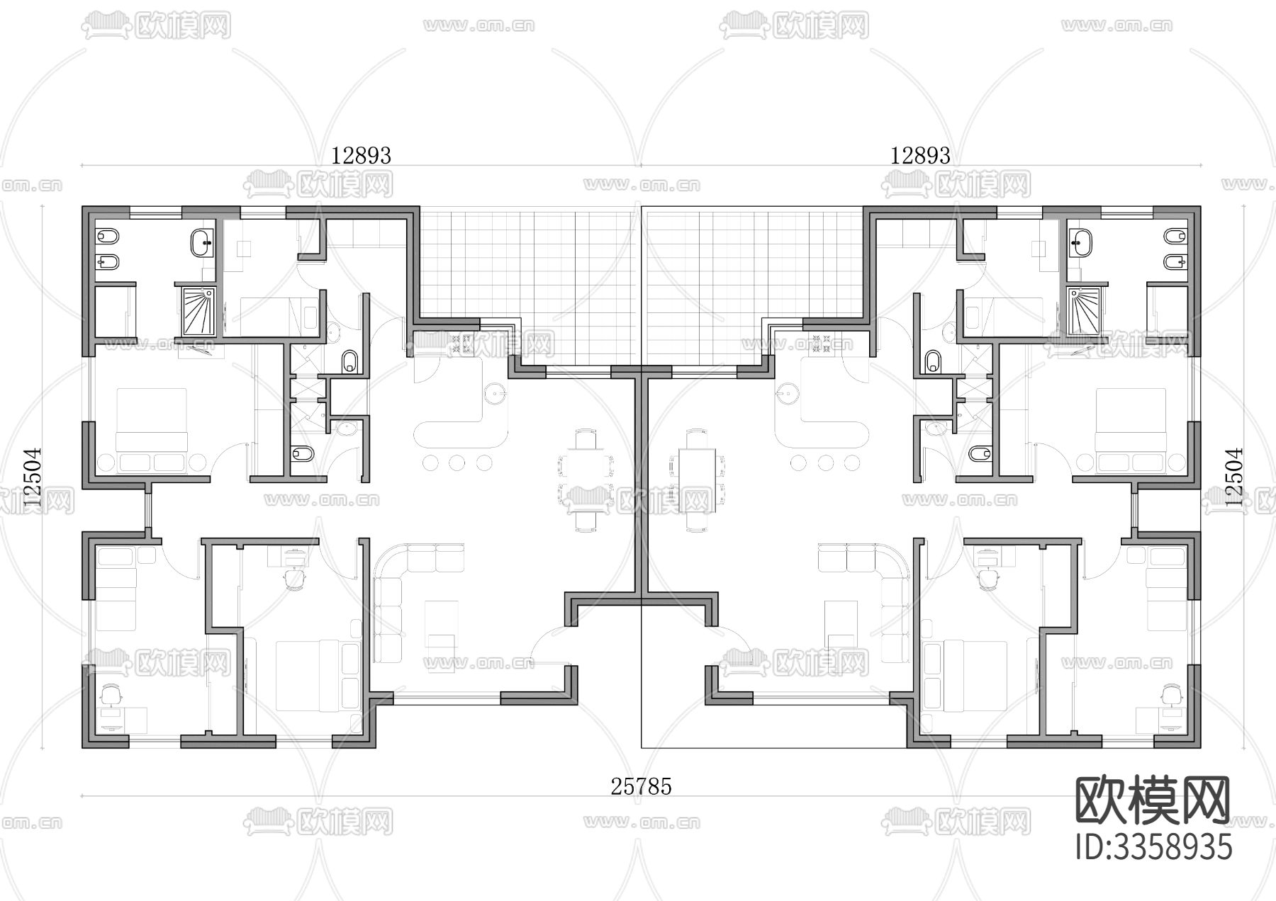 322m²双户单层半独立式洋房cad平面图下载