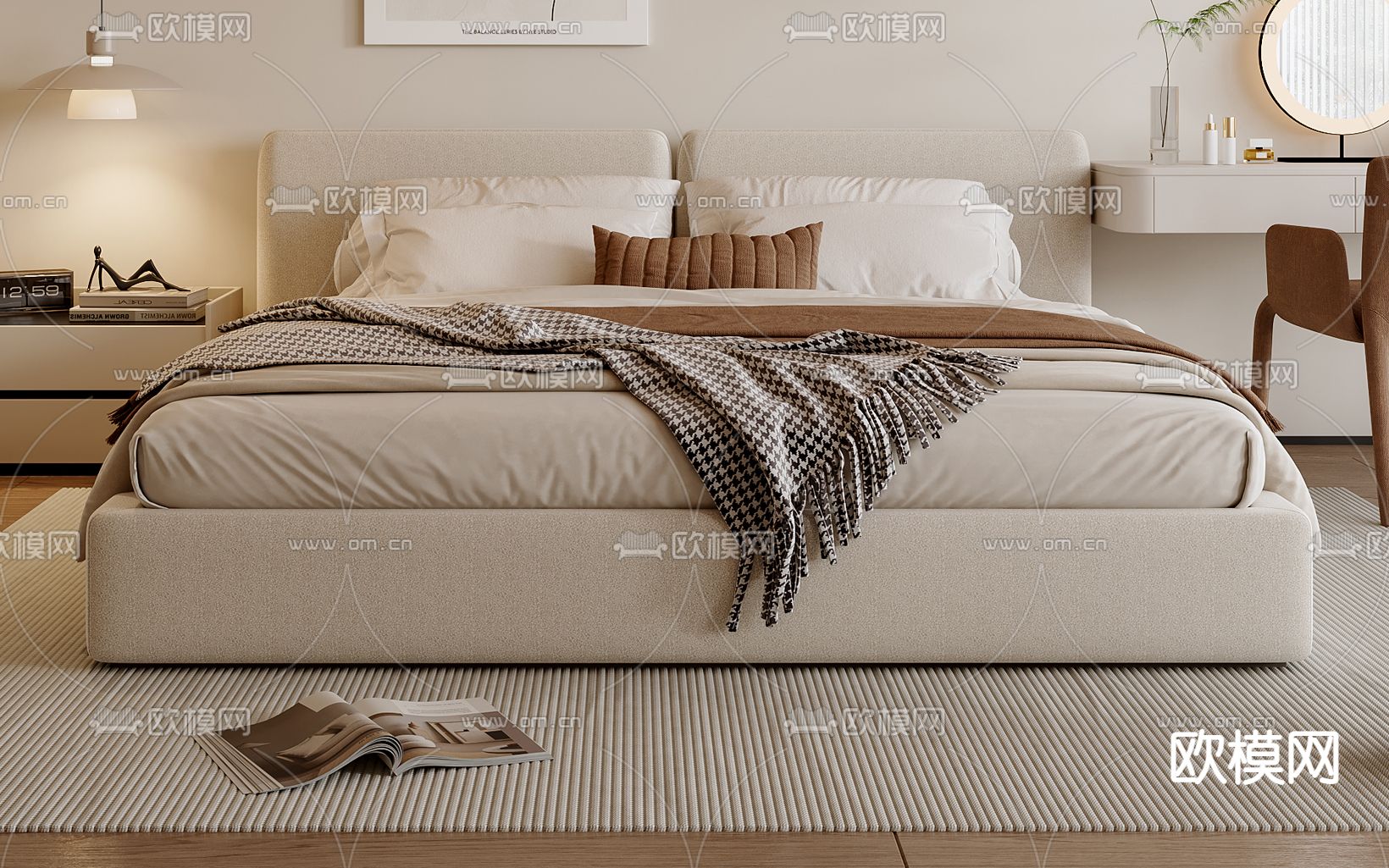 奶油风双人床 布艺双人床3d模型下载