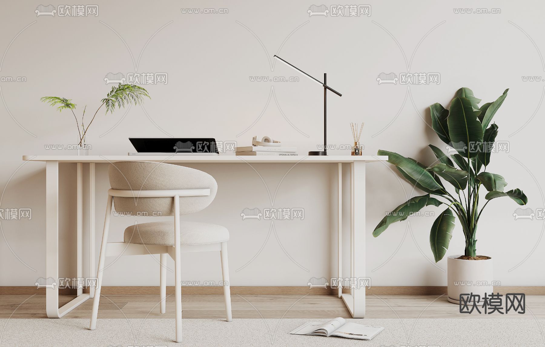 奶油风书桌椅su模型下载（渲染图2）