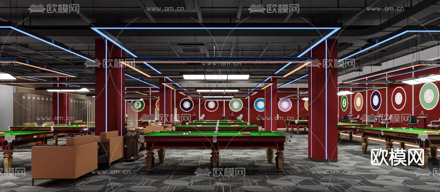 工业风台球室 台球厅3d模型下载（渲染图1）
