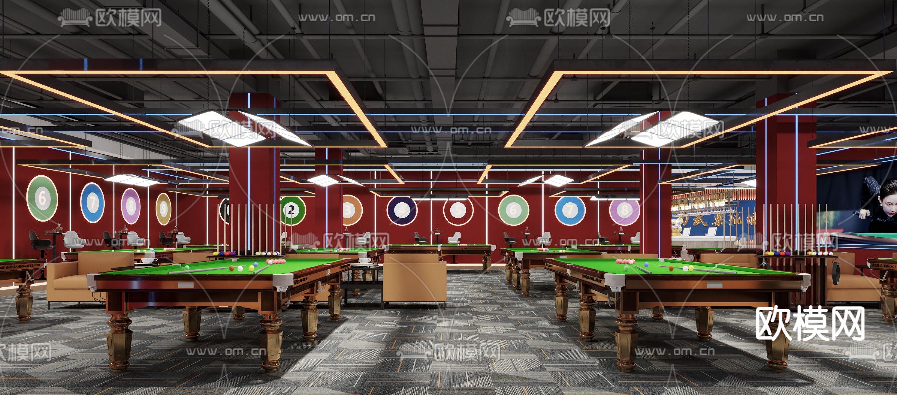 工业风台球室 台球厅3d模型下载（渲染图3）