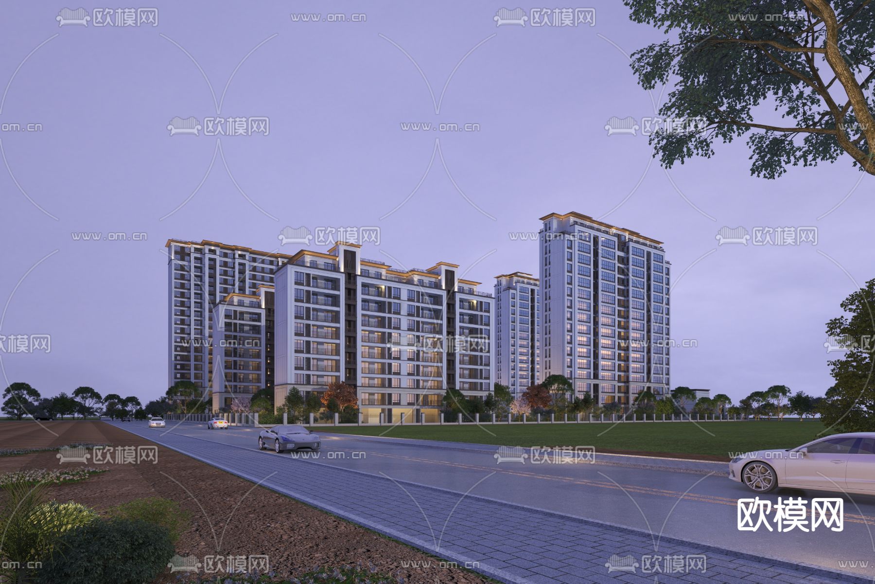 高层住宅外观 夜景3d模型下载