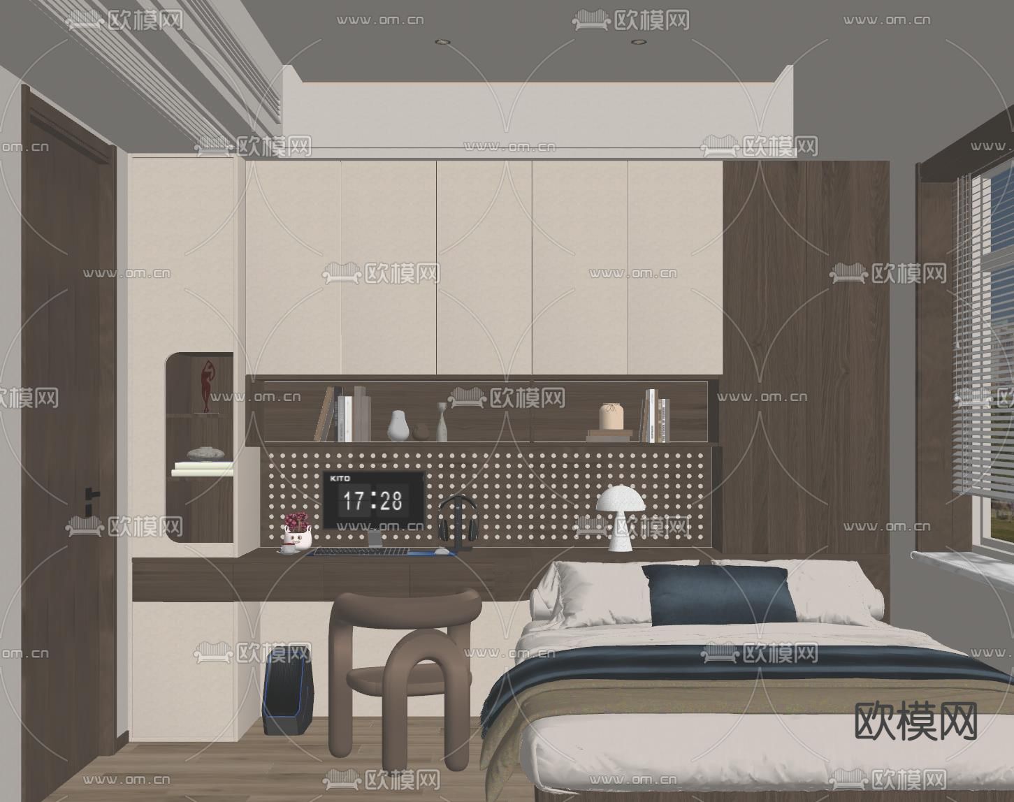中古风榻榻米卧室su模型下载（渲染图1）