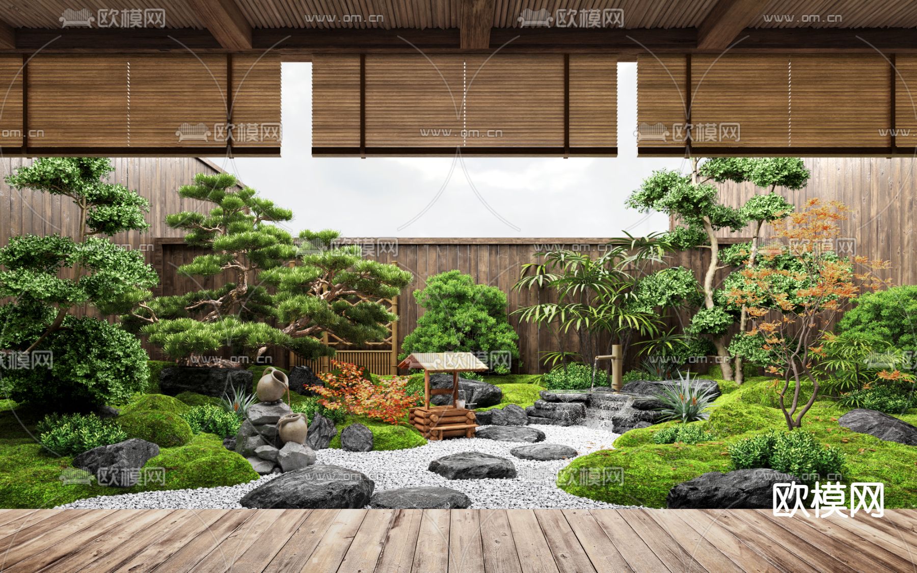 新中式禅意 天井庭院景观3d模型下载