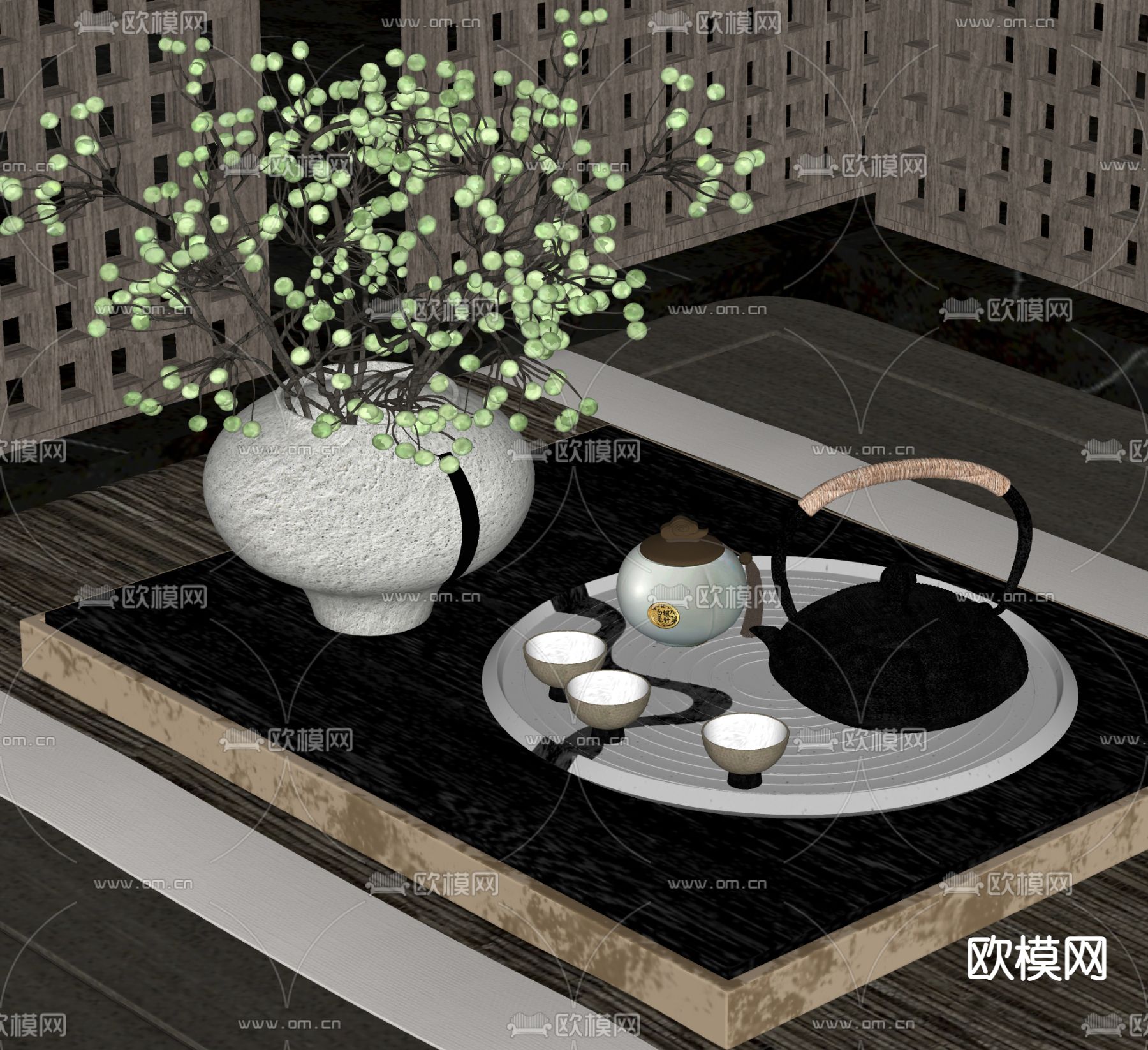 现代茶具 茶杯 花瓶su模型下载（渲染图1）