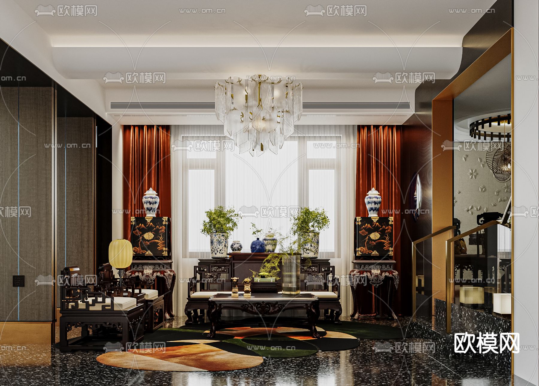 中式客厅su模型下载（渲染图2）