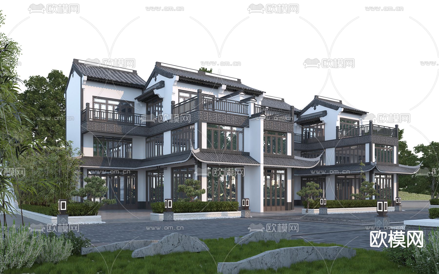 中式别墅外观3d模型下载