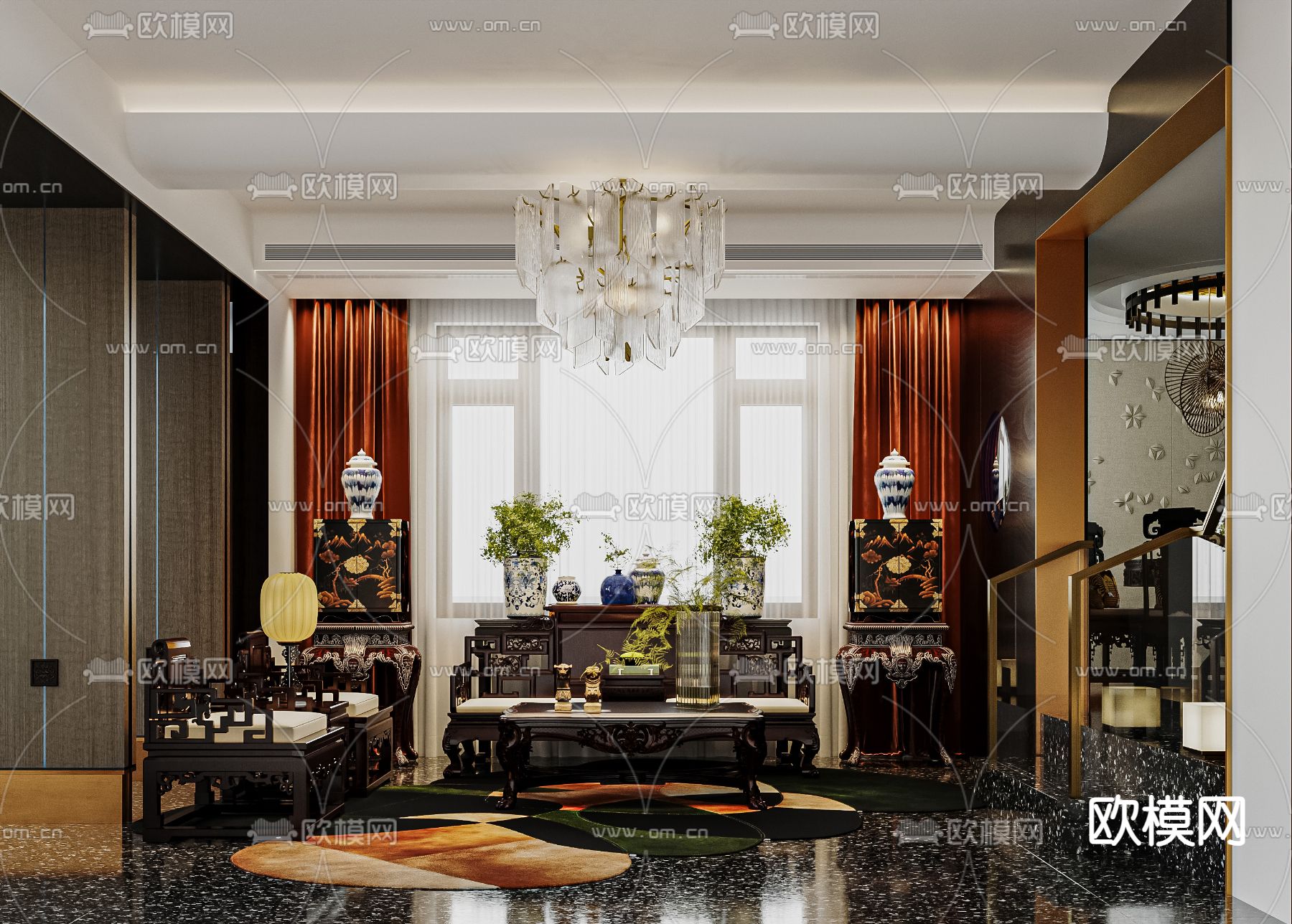 中式客厅su模型下载（渲染图3）