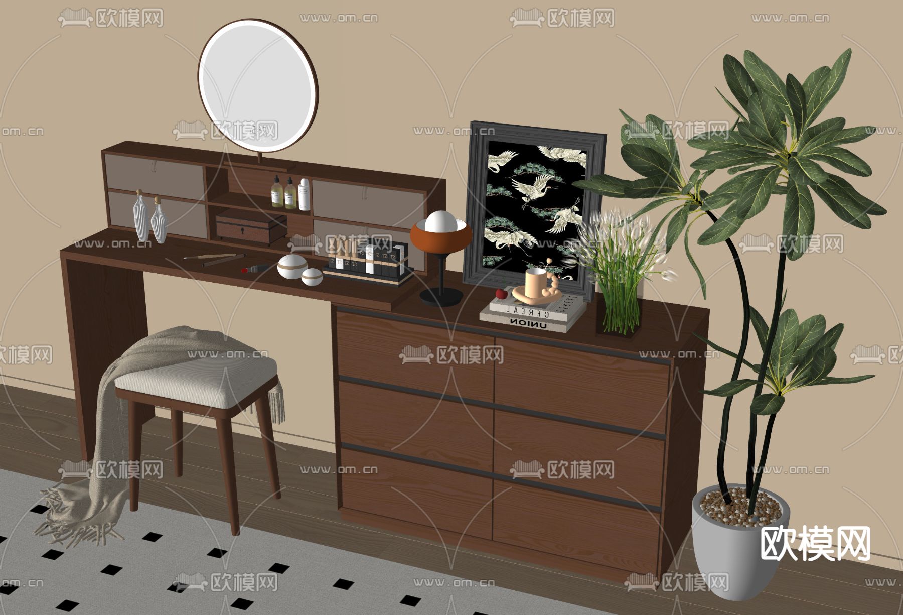 中古风梳妆台su模型下载（渲染图1）