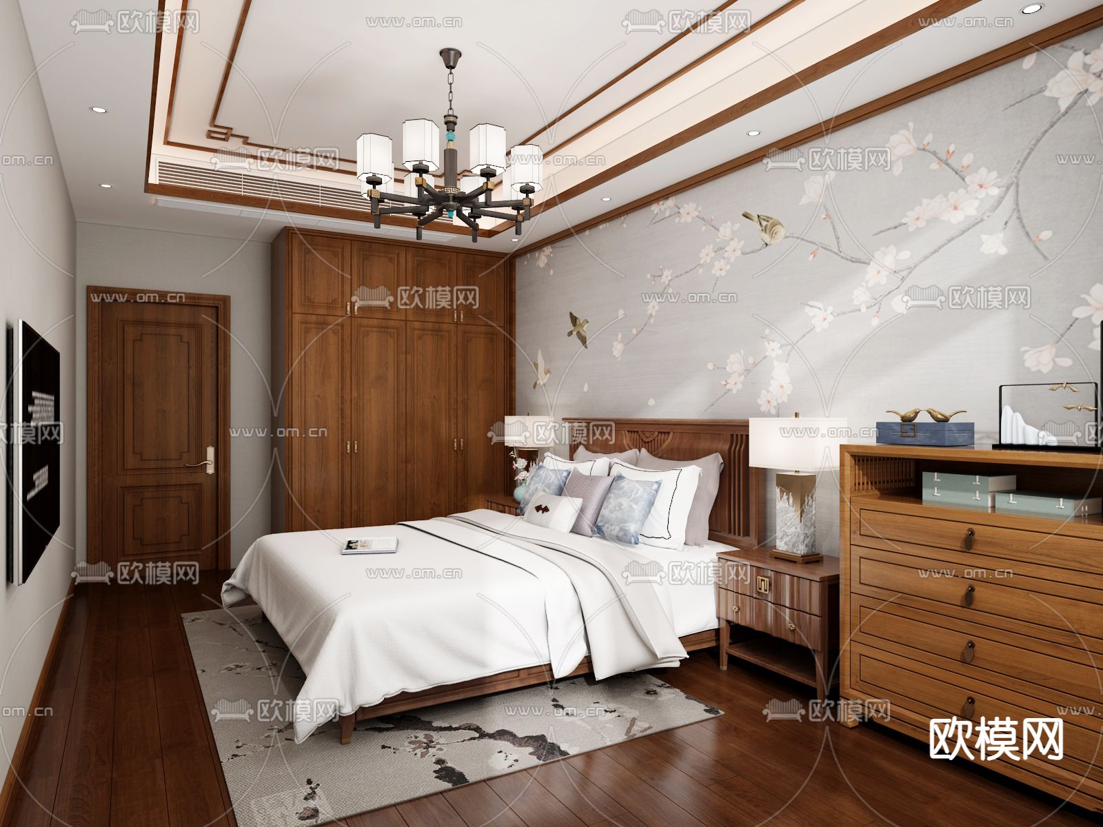中式卧室 主卧 主人房3d模型下载（渲染图1）