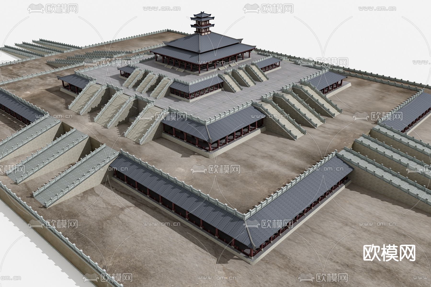 新中式古建筑 寺庙 塔楼3d模型下载（渲染图2）