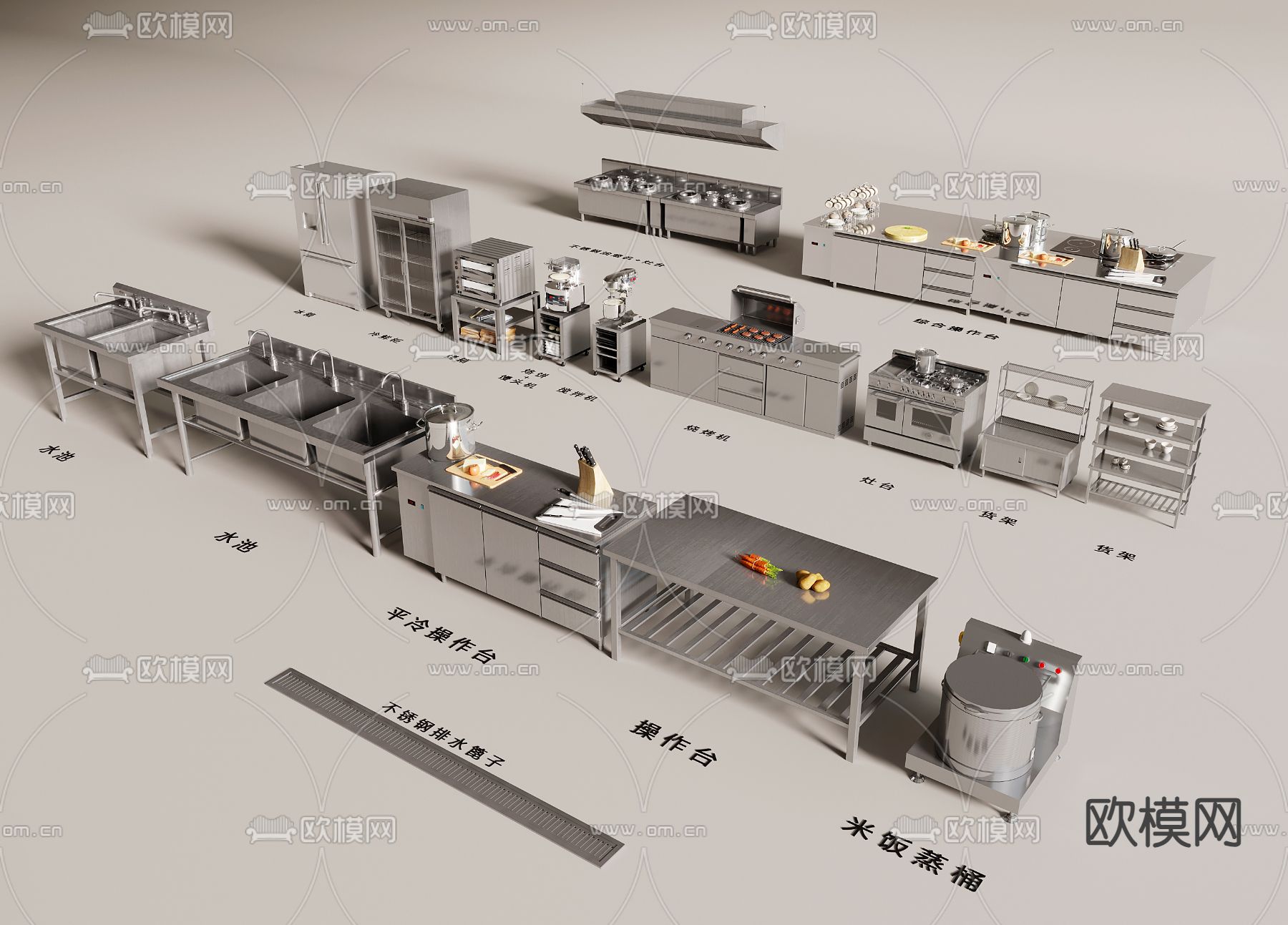后厨设备 食堂后厨 后厨操作台su模型下载（渲染图2）
