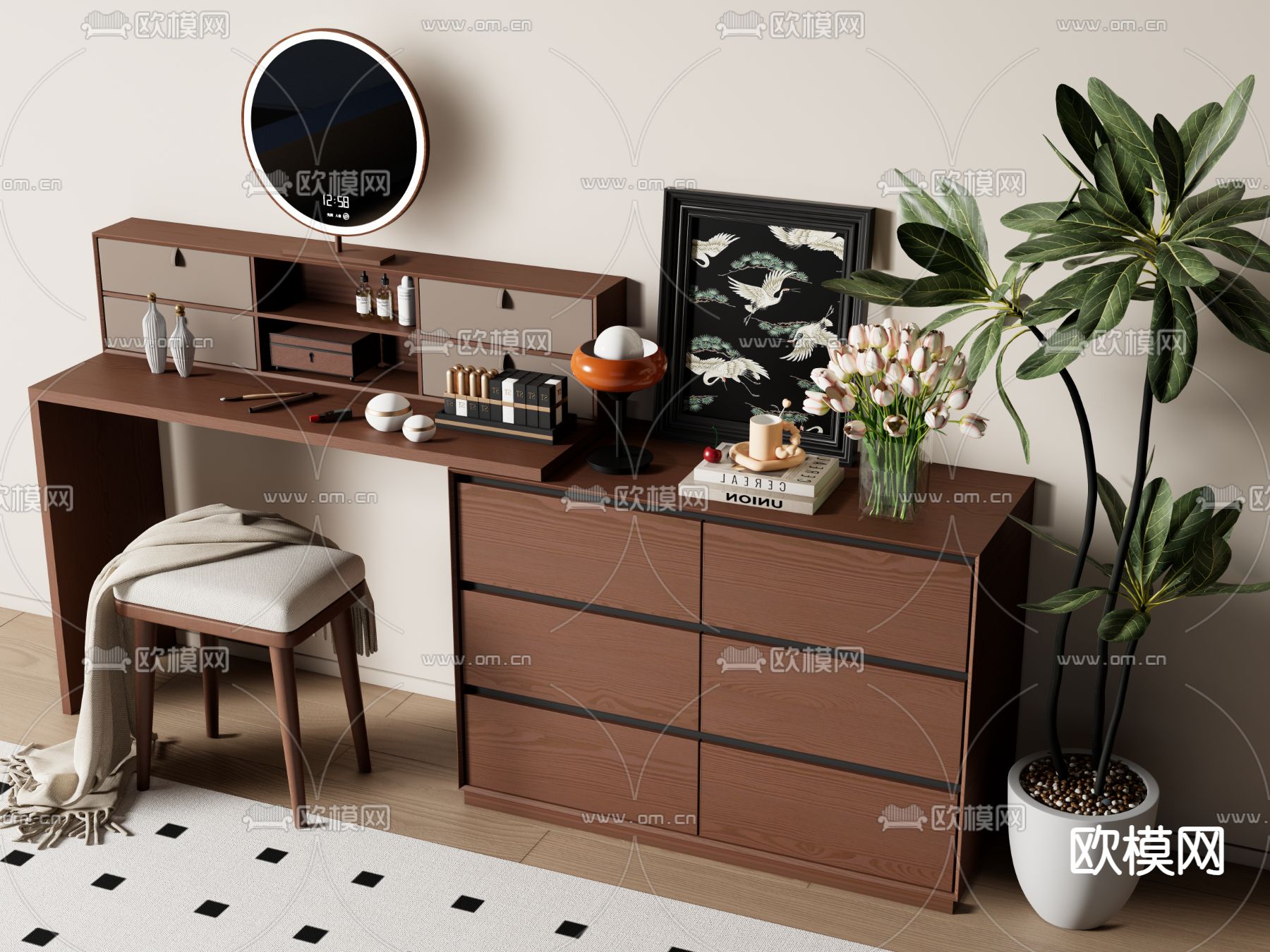 中古风梳妆台su模型下载（渲染图2）