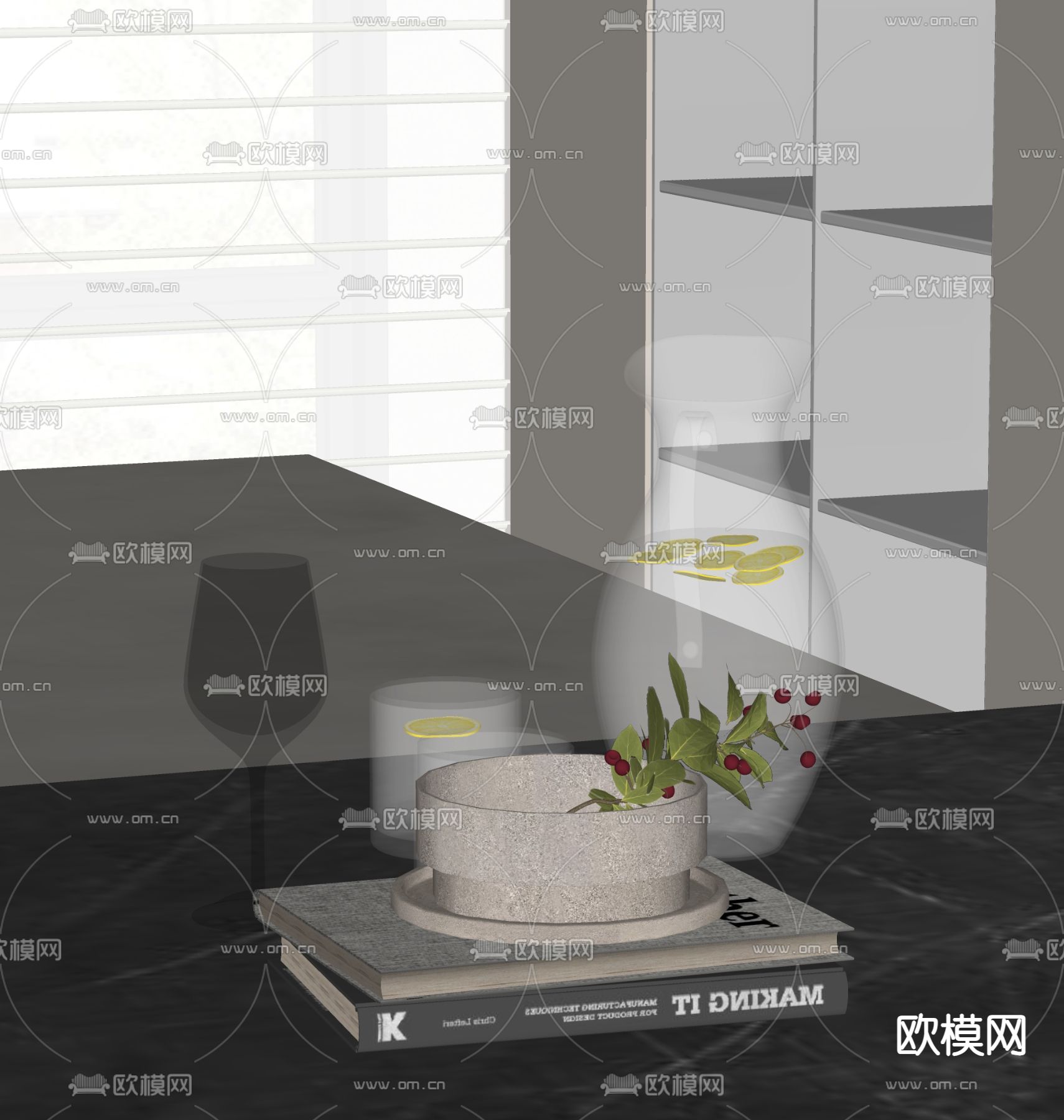 书本 柠檬水 高脚杯 桌面摆件su模型下载（渲染图1）