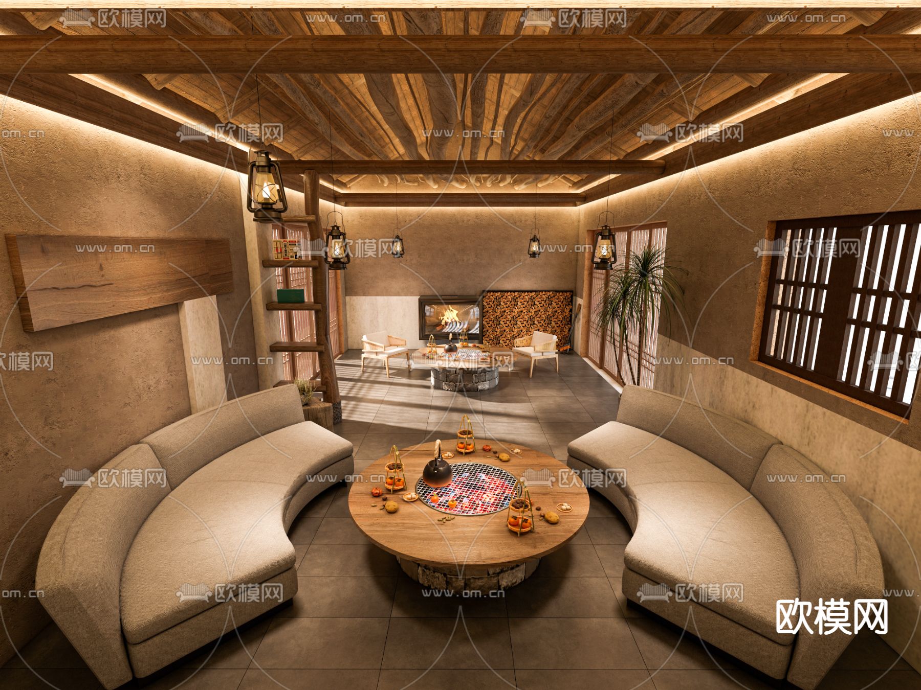 侘寂民宿 客厅su模型下载（渲染图2）