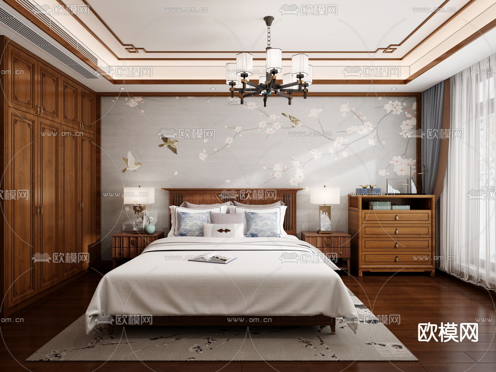 中式卧室 主卧 主人房3d模型下载（渲染图2）