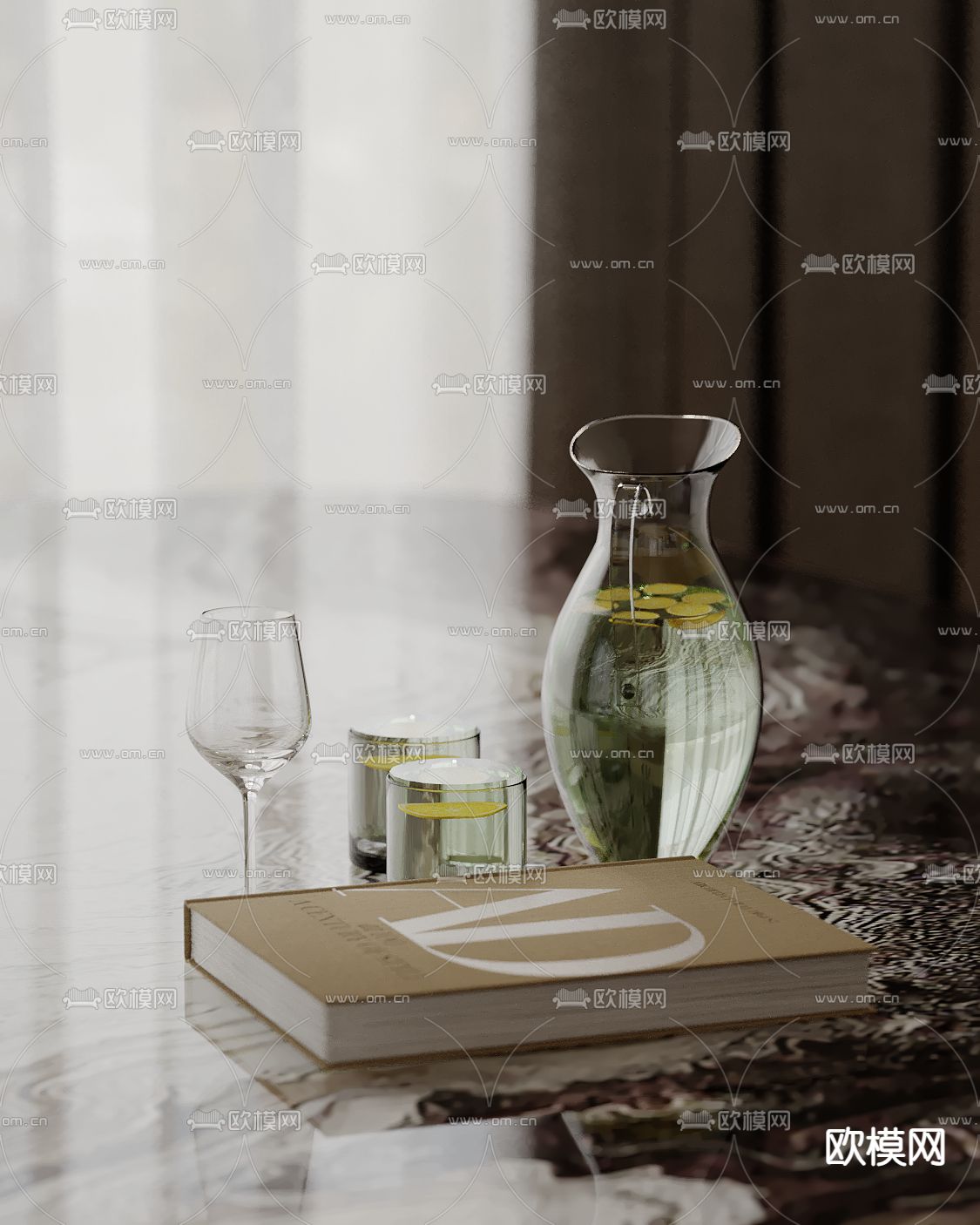 书本 水杯 柠檬水 桌面摆件su模型下载（渲染图2）