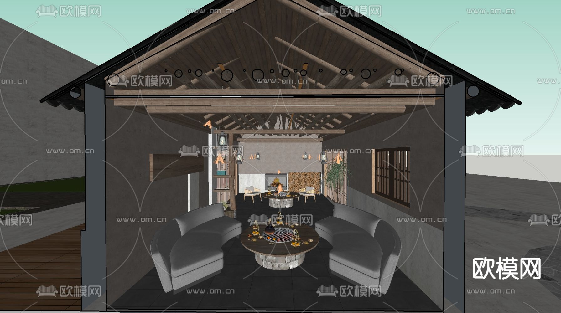 侘寂民宿 客厅su模型下载（渲染图1）