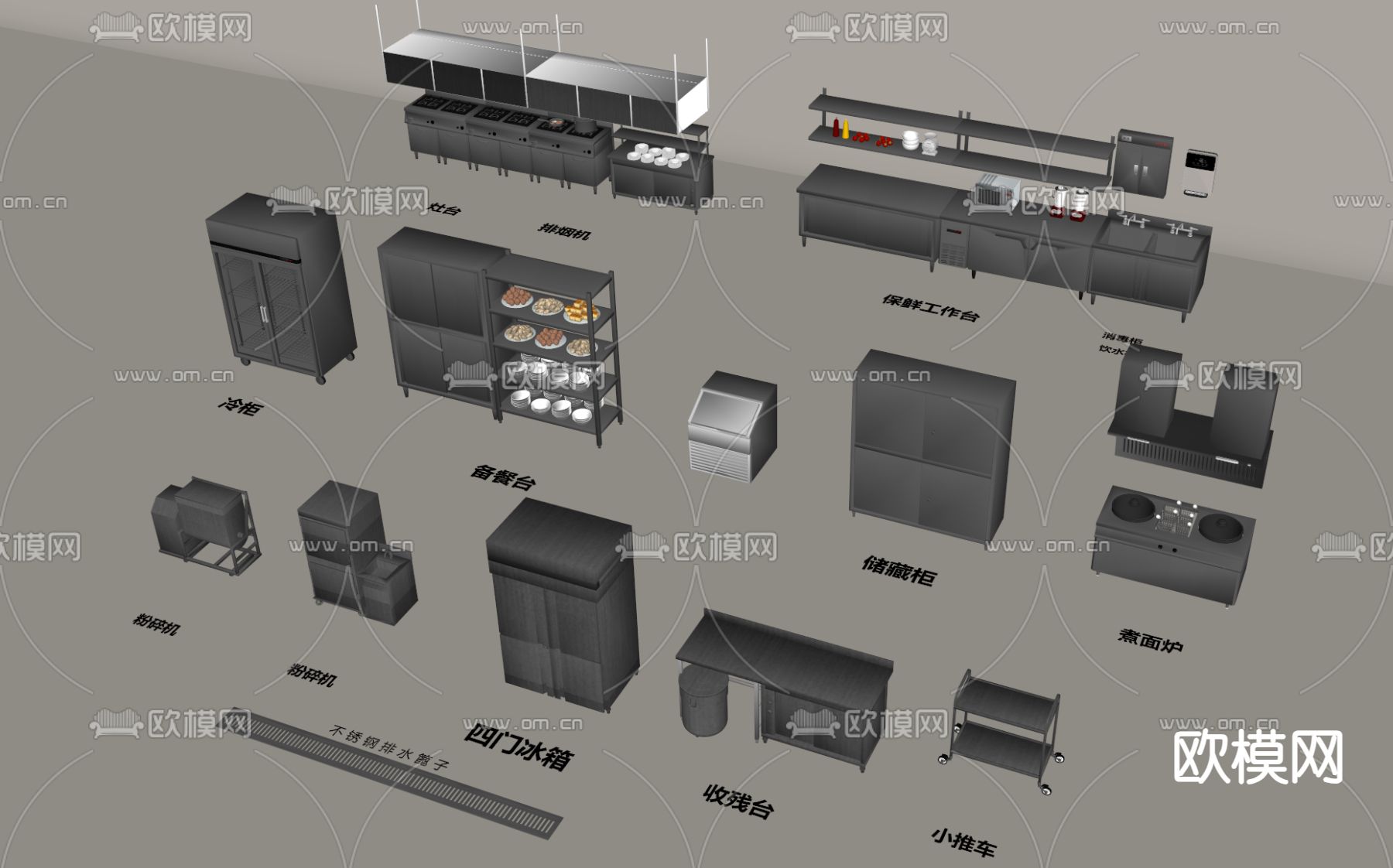 后厨设备 食堂后厨 后厨操作台su模型下载（渲染图1）