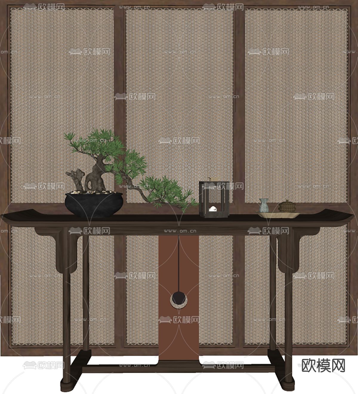 新中式端景条案su模型下载（渲染图1）