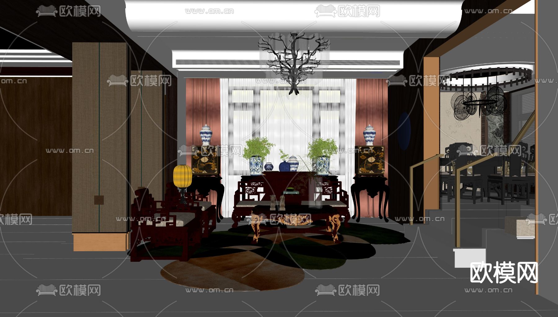 中式客厅su模型下载（渲染图1）