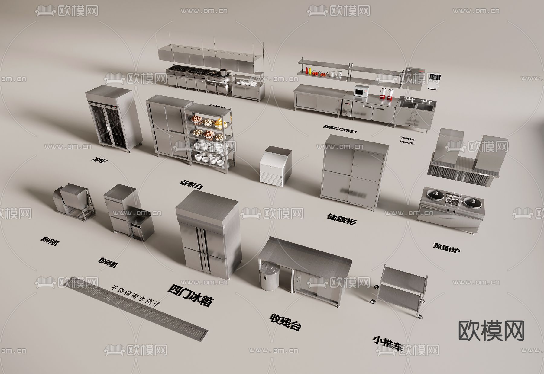后厨设备 食堂后厨 后厨操作台su模型下载（渲染图2）