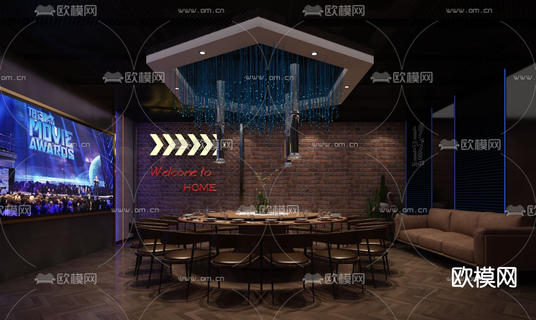 工业风餐厅包房3d模型下载（渲染图1）