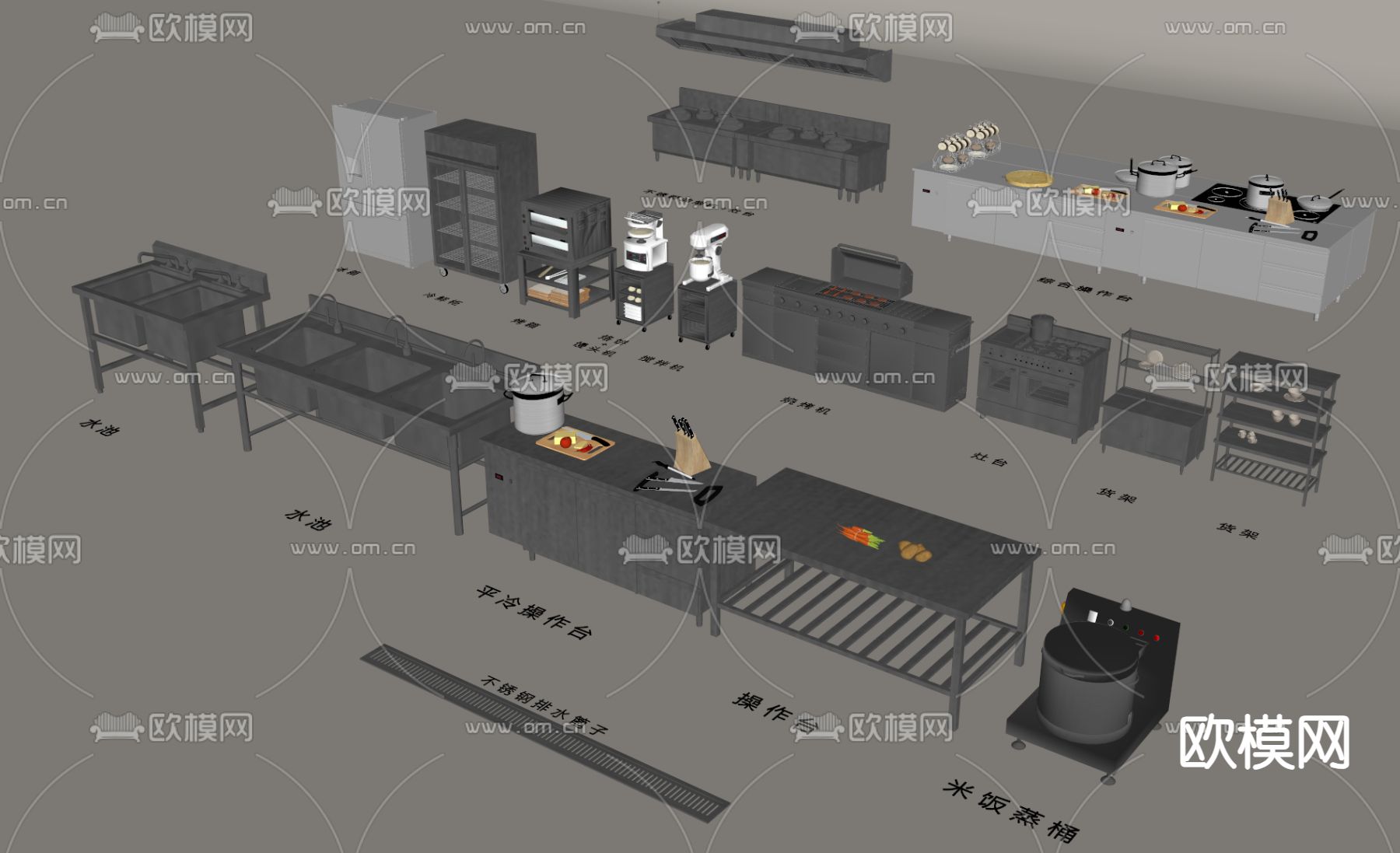 后厨设备 食堂后厨 后厨操作台su模型下载（渲染图1）