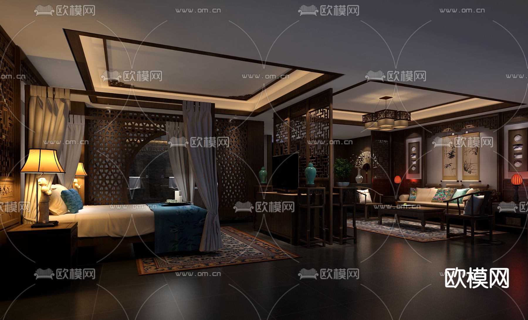 中式酒店客房 卧房3d模型下载