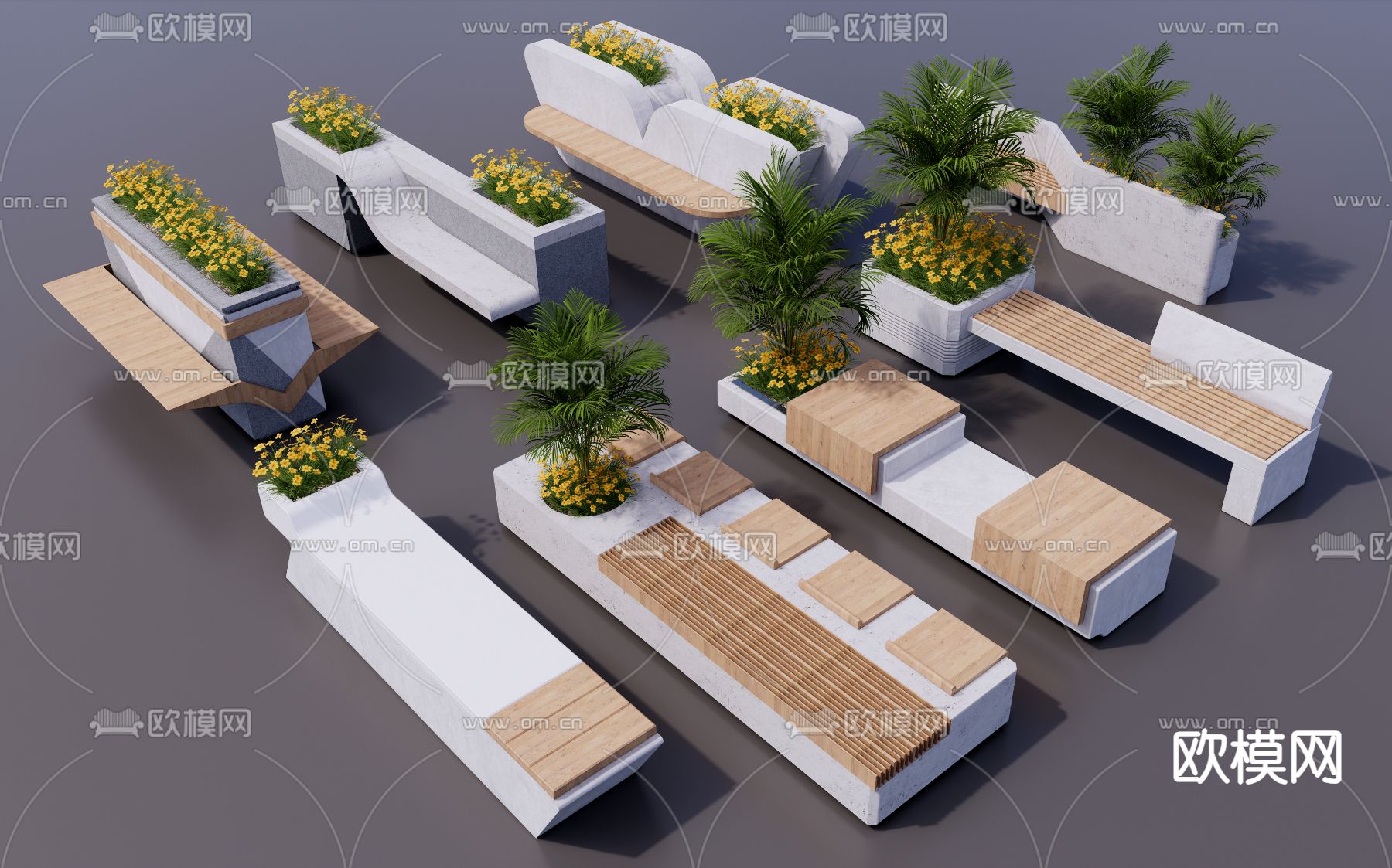 公园椅凳 公共座椅 树池座椅su模型下载（渲染图2）
