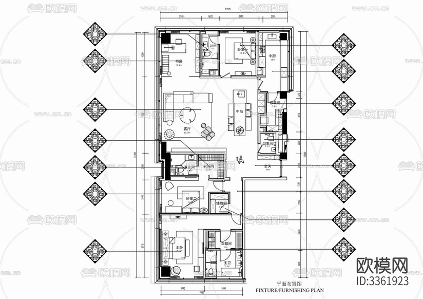 180㎡家裝大平層室內(nèi) 樣板間 私宅 大平層cad施工圖下載(渲染圖2)