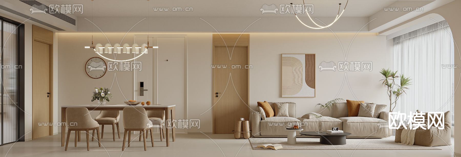 奶油风客餐厅3d模型下载（渲染图1）