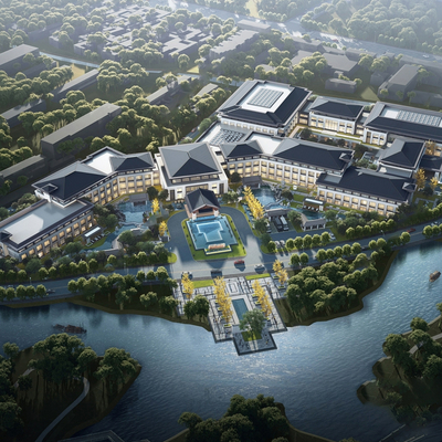  中式湖边酒店规划su模型 