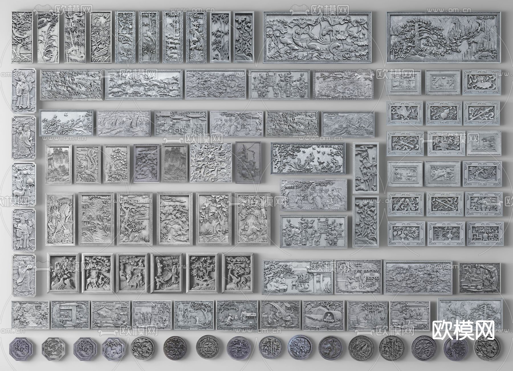 中式2D浮雕景墙 壁刻画 文化墙su模型下载（渲染图2）