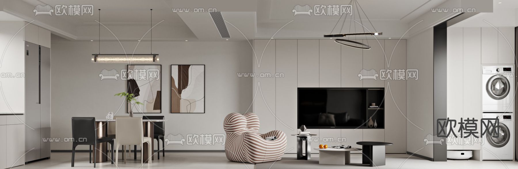 黑白灰客餐厅3d模型下载（渲染图2）