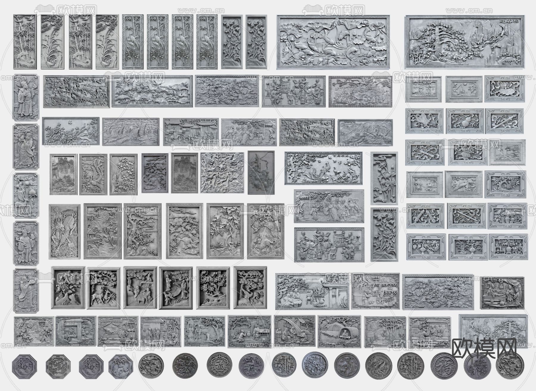 中式2D浮雕景墙 壁刻画 文化墙su模型下载（渲染图1）