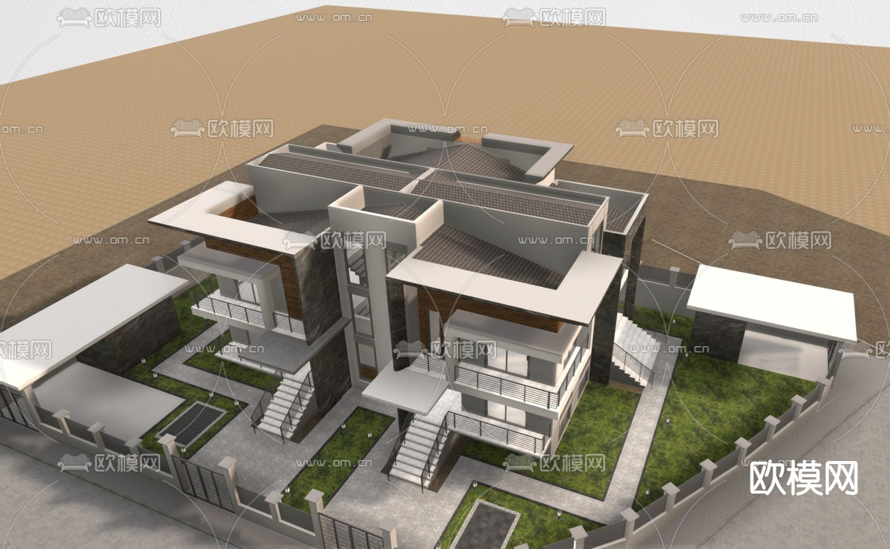 欧式别墅 独栋别墅3d模型下载（渲染图1）