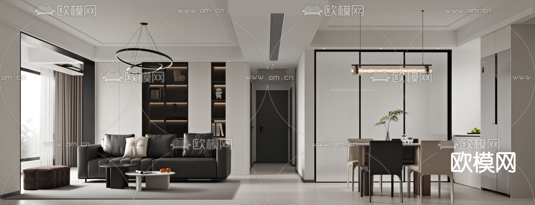 黑白灰客餐厅3d模型下载（渲染图1）