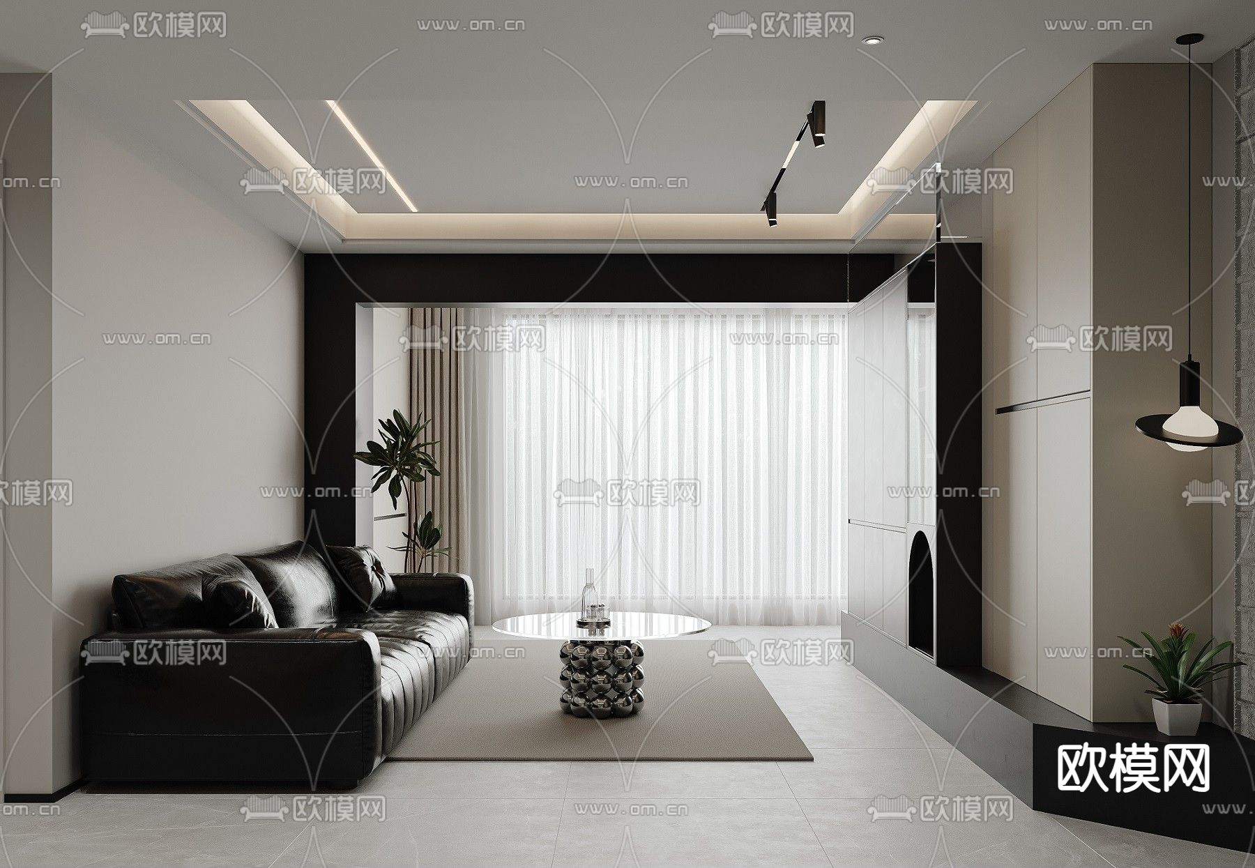 黑白灰客餐厅3d模型下载（渲染图1）