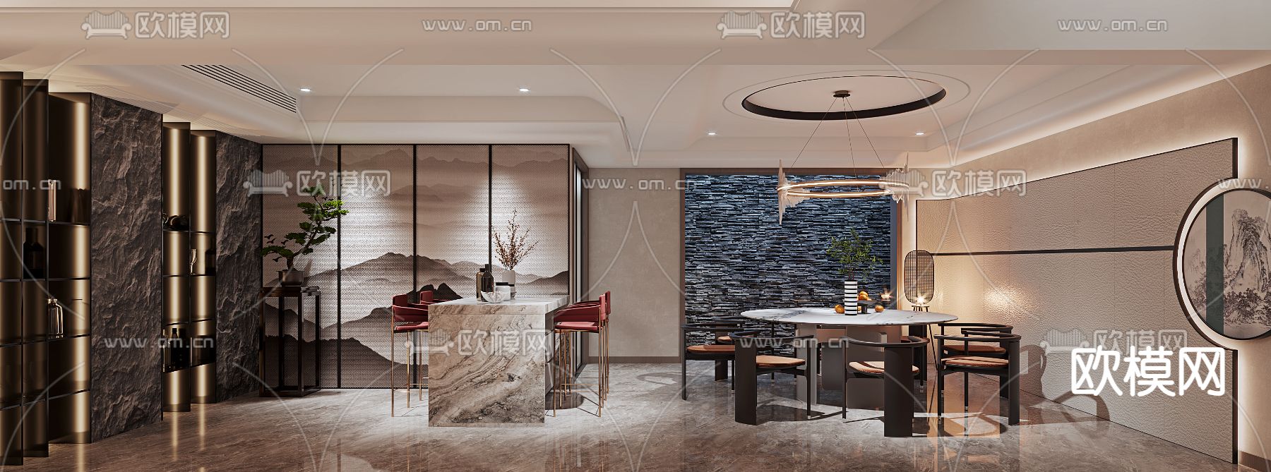 新中式 别墅客厅 别墅大堂3d模型下载（渲染图2）