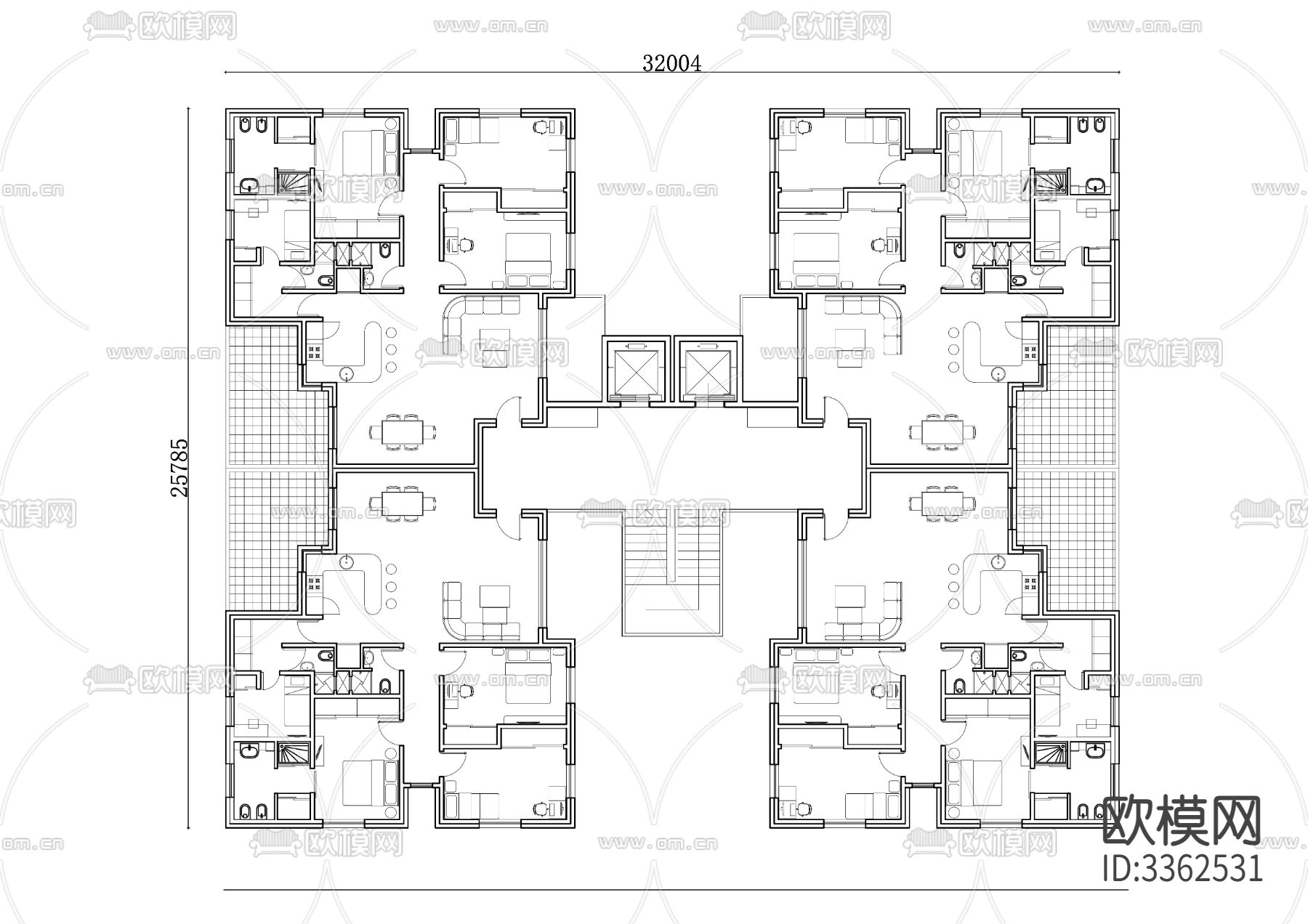 四房塔楼公寓住宅cad平面图下载