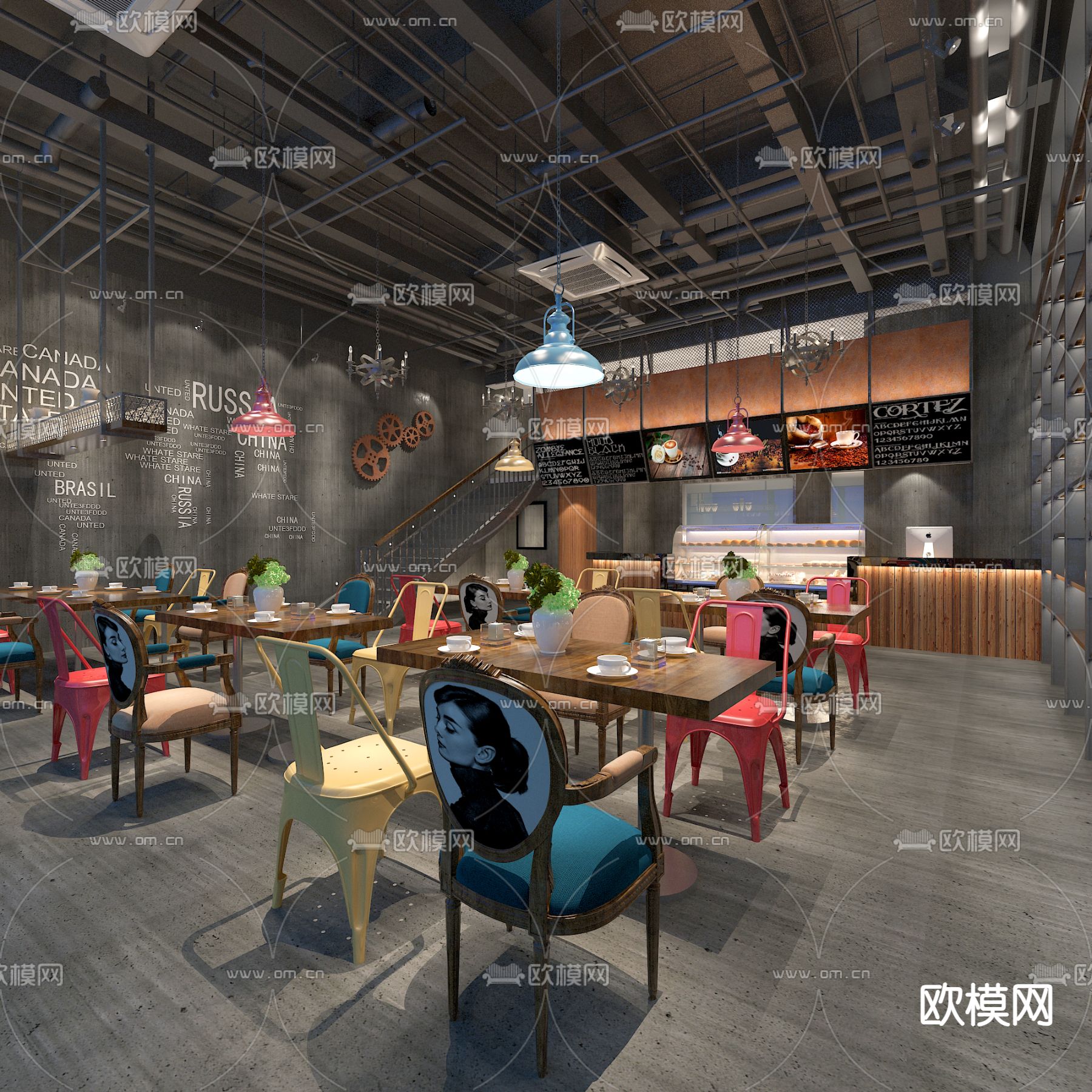 工业风咖啡厅 咖啡店3d模型下载（渲染图1）
