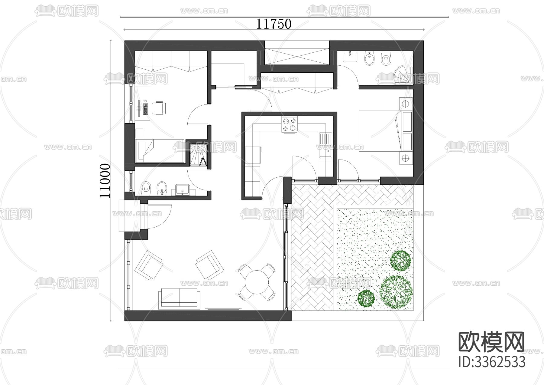 129m²单层独栋别墅cad平面图下载