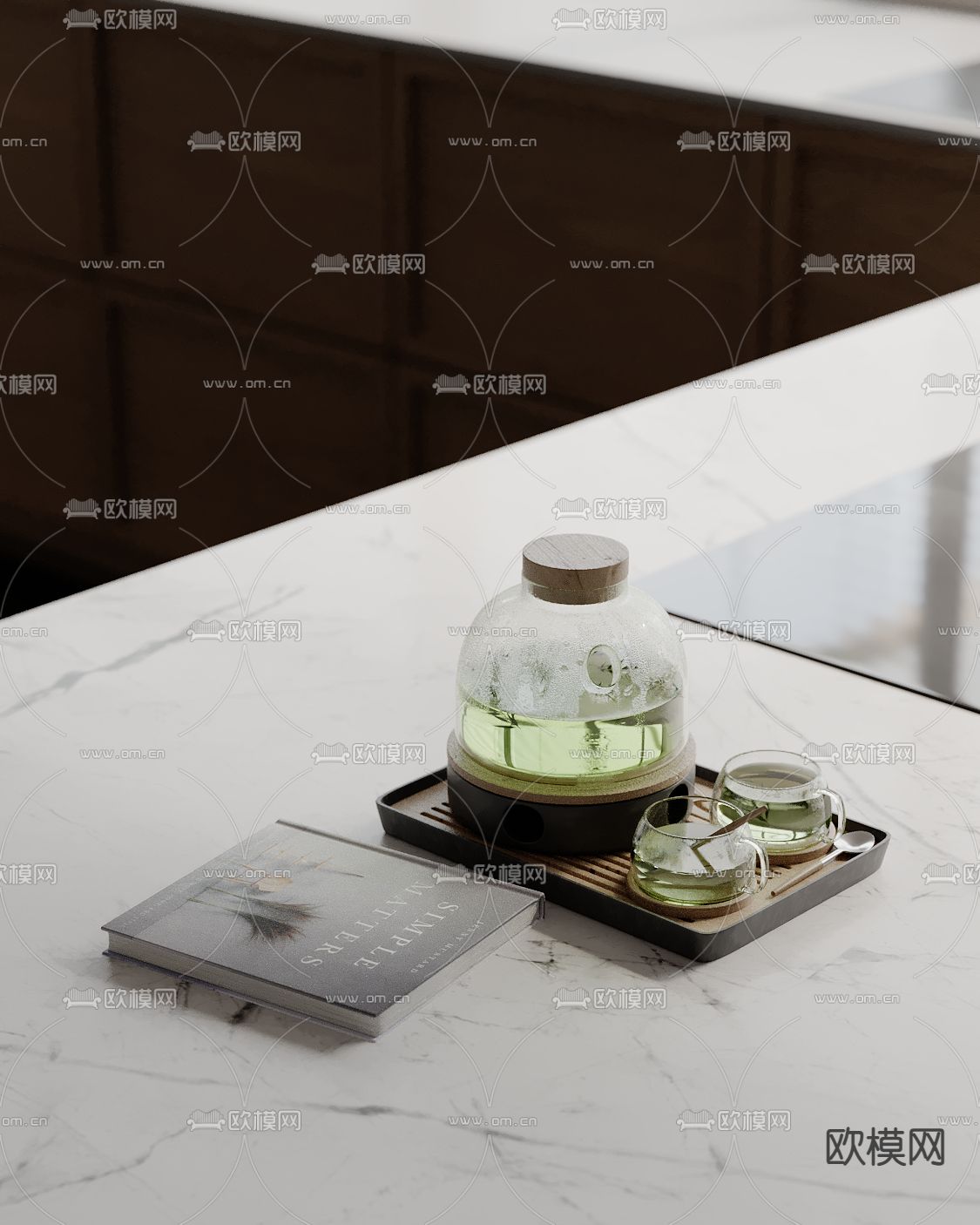 托盘 水杯 茶具 书本su模型下载（渲染图2）